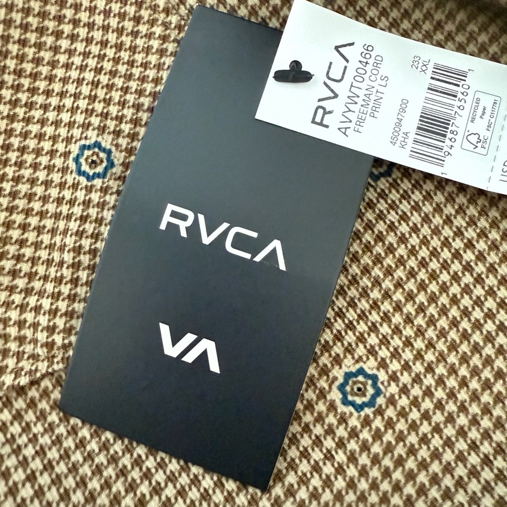 RVCA Brown Houndstooth Button Up Freeman Corduroy Long 100% Cotton Sleeve XXL - Picture 14 of 16